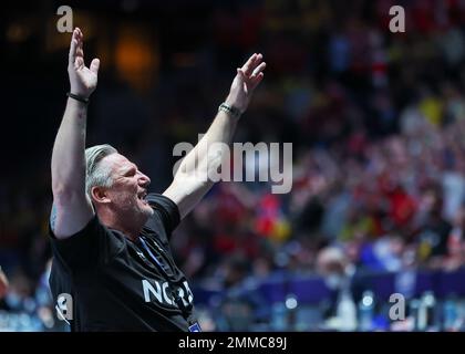 Stockholm, Suède. 29th janvier 2023. Handball: Coupe du monde, finale France - Danemark dans l'arène Ergo. L'entraîneur danois Nikolaj Jacobsen applaudit après la victoire. Credit: Jan Woitas/dpa/Alay Live News Banque D'Images