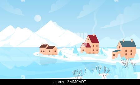 Illustration vectorielle paysage de village de neige d'hiver. Paysage de neige avec route vers les maisons de ferme et les arbres de jardin gelés, scène de campagne froide avec la nature et des cottages de la vallée européenne en hiver Illustration de Vecteur