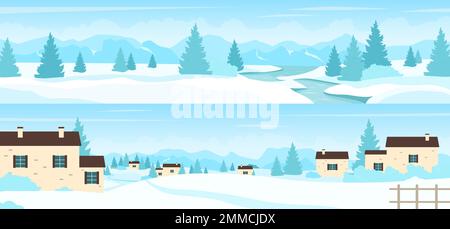 Paysage de dessins animés avec glace et neige gelée sur les maisons de village panorama, arbres de forêt et bleu hautes montagnes et collines. Paysage de montagne d'hiver avec illustration vectorielle de village européen Illustration de Vecteur