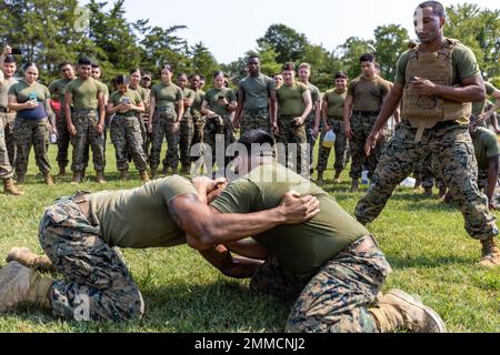 Les Marines des États-Unis se battent lors d'une rencontre sur le terrain du bataillon de sécurité sur la base du corps des Marines Quantico, en Virginie, au 16 septembre 2022. Des rencontres sur le terrain ont lieu pour tester la condition physique des Marines tout en rapprochant le bataillon et en renforçant la camaraderie d'unité. La rencontre comprenait une course de relais de munitions, un défi de retournement de pneus et un grillage. La première place a été les Services de transport automobile, la deuxième, les Services alimentaires de la base du corps des Marines, et la troisième, l'équipe du Centre d'administration du personnel d'installation, deux. Banque D'Images