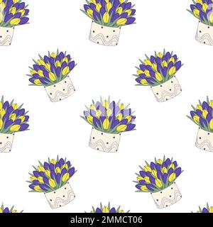 Motif infini de fleurs de tulipe colorées dans un style de dessin animé dans des teintes tendance. 8 mars. Isoler. Convient aux modèles, affiches, brochures ou étiquettes de prix, étiquettes, cartes de vœux ou cartes d'invitation. EPS Illustration de Vecteur