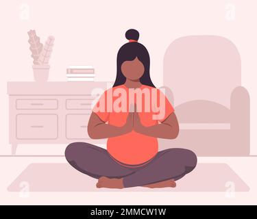 Femme enceinte à peau noire faisant du Lotus poser Yoga à la maison Illustration vectorielle à plat Illustration de Vecteur