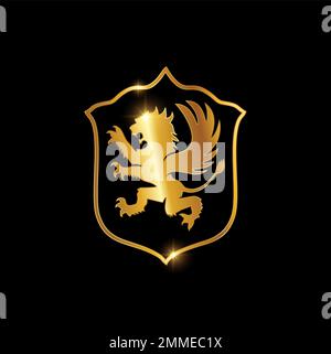 Illustration vectorielle du logo à ailes Golden Lion sur fond noir avec effet brillant doré Illustration de Vecteur