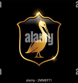 Un vecteur Illustration du logo Golden Pelican Bird signe dans fond noir avec effet brillant or Illustration de Vecteur