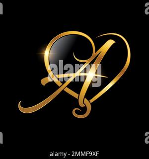 Golden Creative Luxury initial Une illustration vectorielle Love Design en forme de forme sur fond noir avec effet brillant or Illustration de Vecteur