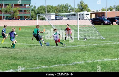 FORT CARSON, Colorado — les jeunes joueurs de football concourent pour le ballon pendant l'action de football des jeunes samedi à Pershing Field. Les athlètes de football de fort Carson, de la base de la Force spatiale Peterson et de l'Académie de l'Armée de l'air des États-Unis ont été enthousiastes à l'idée de commencer la saison sportive pour les jeunes 2022 le 17 septembre 2022, à Pershing Field. (Photo de Walt Johnson) Banque D'Images