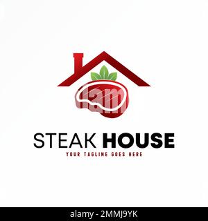 Unique Roof House, Meat, and Leaf image graphique icône logo design abstrait concept vecteur stock. Peut être utilisé comme symbole lié à la nourriture ou au restaurant Illustration de Vecteur