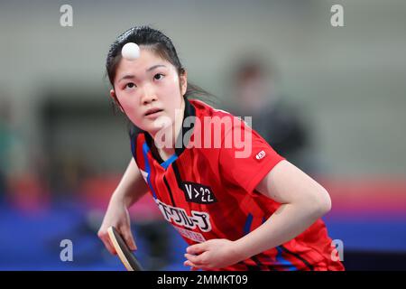 Tokyo, Japon. 28th janvier 2023. Miyu Kihara tennis de table : tous les championnats japonais de tennis de table 2023 les femmes célibataires quart-finale au Tokyo Metropolitan Gymnasium à Tokyo, Japon . Credit: Yohei Osada/AFLO SPORT/Alay Live News Banque D'Images