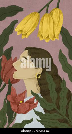 Belle femme entourée par l'illustration de la nature Illustration de Vecteur