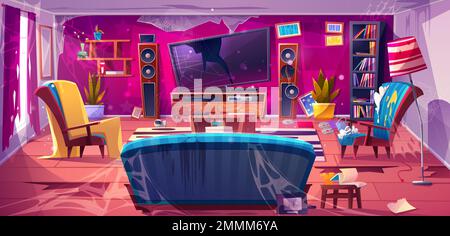 Vieux salon sale avec TV et mobilier cassés. Intérieur de maison désordonné abandonné avec canapé, chaises, étagère, rideaux déchirés, fissures dans le plancher, illustration de bande dessinée vectorisée et de bande-support Illustration de Vecteur
