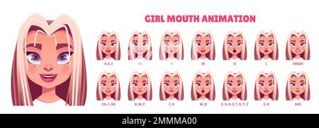 Jeu d'animation de la bouche de l'adolescence blonde isolé sur fond blanc. Collection de synchronisation LIP. Illustration de dessin animé vectoriel de la femme adolescente prononçant différents sons, expressions du visage fâché et triste Illustration de Vecteur