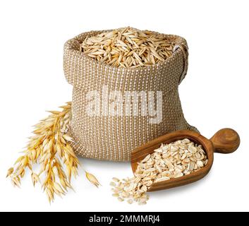 grains d'avoine en sachet et flocons d'avoine en cuillère isolés sur du blanc Banque D'Images