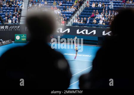 fan de tennis âgé regardant un match de tennis en fauteuil roulant à l'open australien en été Banque D'Images