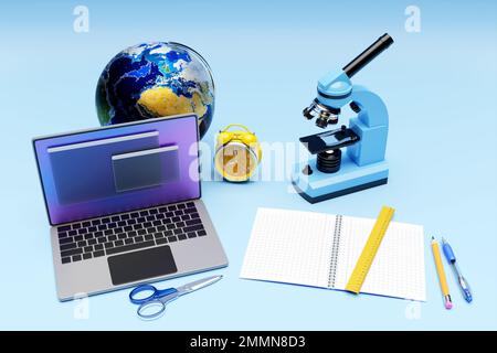 3D illustration d'un ordinateur portable avec un onglet de navigateur ouvert sur l'écran, un microscope de laboratoire et un jeu d'instruments de laboratoire Banque D'Images