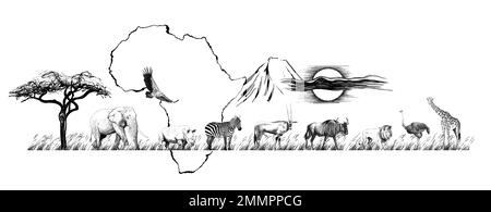 Paysage africain avec animaux, carte, montagne et arbre. Esquisse de la savane. Illustration dessinée à la main Banque D'Images