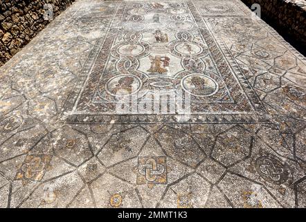 Mosaïque des quatre saisons à la Maison de Dionysos à Volubilis au Maroc. Les mosaïques datent du 3rd siècle après J.-C. Banque D'Images