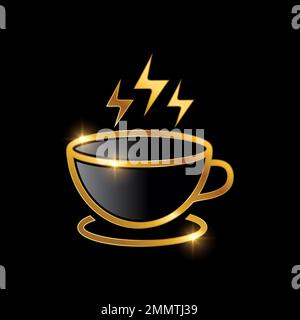 Golden Luxury Hot Cup symbole de café illustration dans fond noir avec effet brillant or Illustration de Vecteur