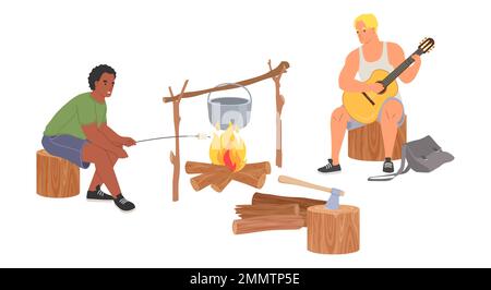 Camping vecteur ami repos à l'illustration de feu de joie Illustration de Vecteur