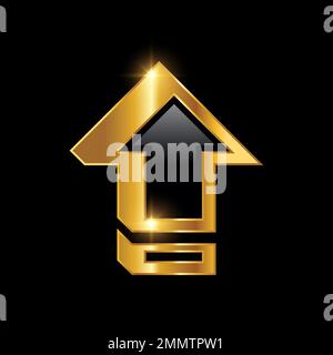 Golden Upload Arrow Vector Sign Illustration sur fond noir avec effet brillant doré Illustration de Vecteur