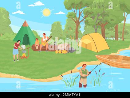 Vecteur de camping heureux repos familial touristique en plein air Illustration de Vecteur
