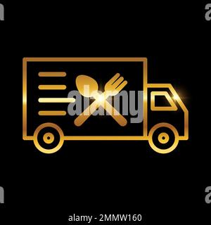 Illustration vectorielle de l'icône Golden Food Truck Delivery Service sur fond noir avec effet brillant doré Illustration de Vecteur