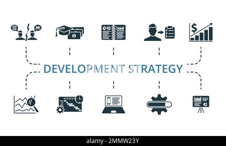 Ensemble d'icônes de stratégie de développement. Collection d'icônes de stratégie de développement simple monochrome. Conflit d'intérêts, subventions, Sommaire exécutif, mission Illustration de Vecteur