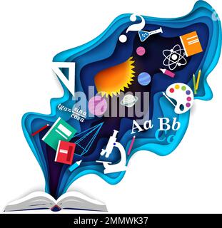 Livre ouvert avec fournitures scolaires, illustration de papier vectoriel coupé Illustration de Vecteur
