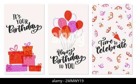 Ensemble de jolies cartes d'anniversaire dessinées à la main avec motif texte, arrière-plans à motif de coolé, parfait pour les cartes d'anniversaire, les étiquettes cadeau ou les bannières - dessin vectoriel Illustration de Vecteur