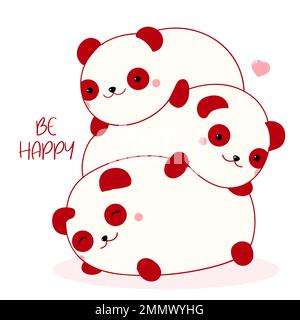 Carte carrée avec de jolis pandas. Trois pandas gras drôles et coeur rose. Inscription être heureux. Peut être utilisé pour les cartes de vœux, les imprimés de t-shirts et les autocollants. VEC Banque D'Images