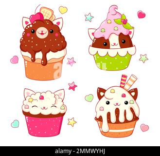 Ensemble de desserts doux en forme d'animaux dans le style kawaii. Gâteau en forme de chat, muffin et cupcake à la crème fouettée. Illustration vectorielle EPS8 Banque D'Images