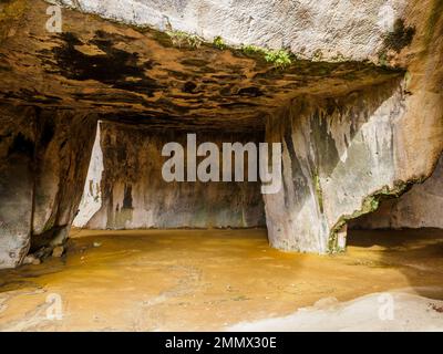 La grotte de Saltnister - Parc archéologique de Neapolis - Syracuse, Sicile, Italie son nom provient des couleurs de ses murs, semblables aux nuances du saltpeter minéral. Il n'est pas artificiel puisqu'il a été formé naturellement après un effondrement dans la latomie, dont les roches ont été déposées donnant la vie à sa formation. Même ses murs ont été utilisés pour l'extraction de la pierre de Syrarusan avec laquelle la polis de Siciliot a été construite. Banque D'Images