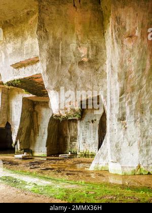 La grotte de Saltnister - Parc archéologique de Neapolis - Syracuse, Sicile, Italie son nom provient des couleurs de ses murs, semblables aux nuances du saltpeter minéral. Il n'est pas artificiel puisqu'il a été formé naturellement après un effondrement dans la latomie, dont les roches ont été déposées donnant la vie à sa formation. Même ses murs ont été utilisés pour l'extraction de la pierre de Syrarusan avec laquelle la polis de Siciliot a été construite. Banque D'Images