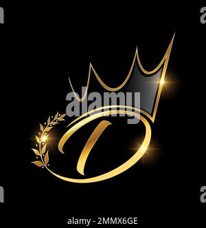Illustration vectorielle du monogramme Gold Crown and Leaf lettre initiale D sur fond noir avec effet brillant or Illustration de Vecteur