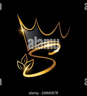 Illustration vectorielle du monogramme Gold Crown and Leaf lettre initiale S sur fond noir avec effet brillant or Illustration de Vecteur