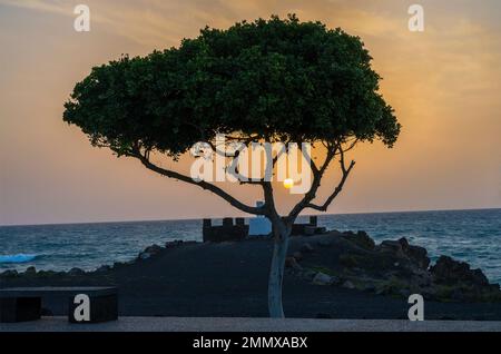 Soleil d'hiver à l'aube sur la plage à Puerto Del Carmen, Lanzarote, îles Canaries, Espagne. Banque D'Images