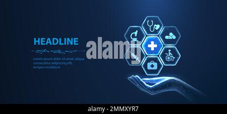 Icônes médicales à l'intérieur des hexagones autour de la croix médicale et de la main. Avion de soins de santé, technologie numérique de service aux patients, ai Integrate, futuriste Illustration de Vecteur
