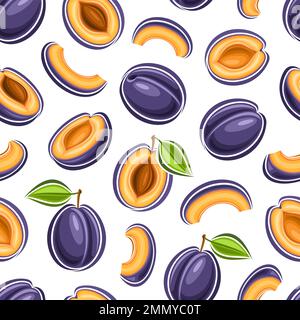 Motif vectoriel Plum sans couture, fond carré répétitif avec illustrations découpées de prunes mûres hachées avec feuilles vertes pour le papier d'emballage, groupe Illustration de Vecteur