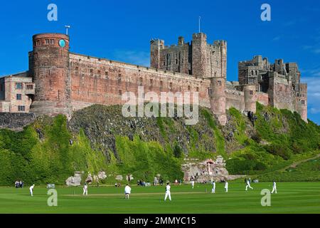 Match de cricket en face du château de Bamburgh, Northumberland, Angleterre, Royaume-Uni Banque D'Images