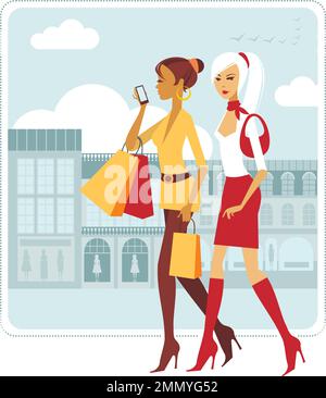 Belles jeunes femmes avec des sacs de shopping dans la rue de la ville. Illustration vectorielle plate Illustration de Vecteur