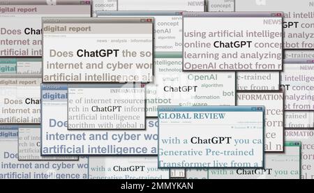 Poznan, Pologne, 25 janvier 2023: GPT gros titres de nouvelles dans les médias internationaux avec OpenAI, chat gpt ai bot. Concept abstrait des titres de nouvelles sur non Banque D'Images