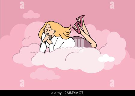 Une jeune femme souriante, couchée sur un nuage, rêvant ou visualisant. Bonne femme dans l'air rêvant ou imaginant l'avenir. Mode de vie rêveur. Illustration vectorielle. Illustration de Vecteur