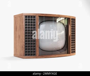 Une armoire de télévision vintage des années 70 en plastique et bois sur un arrière-plan de studio blanc isolé - rendu 3D Banque D'Images