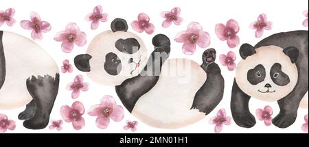 Panda et fleurs roses cadre, panda entouré de fleurs répéter la frontière, main dessiné sans couture bordure, illustration aquarelle, avec mignon ours clipart. Banque D'Images