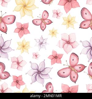 Motif floral aquarelle sans couture, éléments de fleurs roses avec papillons ; pour enveloppeurs, papiers peints, cartes postales, cartes de vœux, invitations à un mariage Banque D'Images