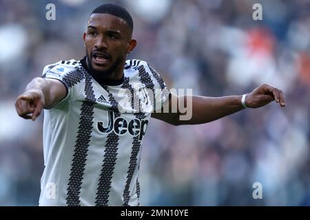 Turin, Italie. 29th janvier 2023. Gleison Bremer de Juventus FC gestes pendant la série Un match de football entre Juventus FC et AC Monza au stade Allianz sur 29 janvier 2023 à Turin, Italie . Credit: Marco Canoniero / Alamy Live News Banque D'Images