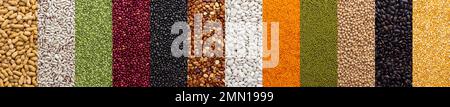 Bannière de différents types de légumineuses, pois chiches et pois, haricots et lentilles colorés, haricots mung et arachides, vue du dessus Banque D'Images