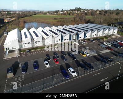 Vue aérienne du bâtiment Shell Store rénové du parc d'activités Skylon Park Hereford prise en janvier 2023 Banque D'Images