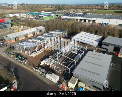 Vue aérienne de la construction du nouveau parc d'activités moderne de Skylon Park à Rotherwas à Hereford, Royaume-Uni - prise en janvier 2023 Banque D'Images