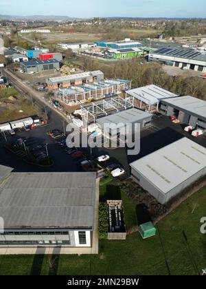 Vue aérienne du nouveau parc d'activités moderne de Skylon Park à Rotherwas à Hereford, Royaume-Uni - prise en janvier 2023 Banque D'Images