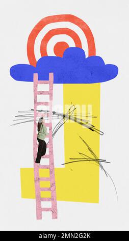 Une jeune femme monte sur l'échelle de carrière. Collage d'art contemporain. Concept de réussite, affaires, analyse, cible, travail, croissance professionnelle Banque D'Images